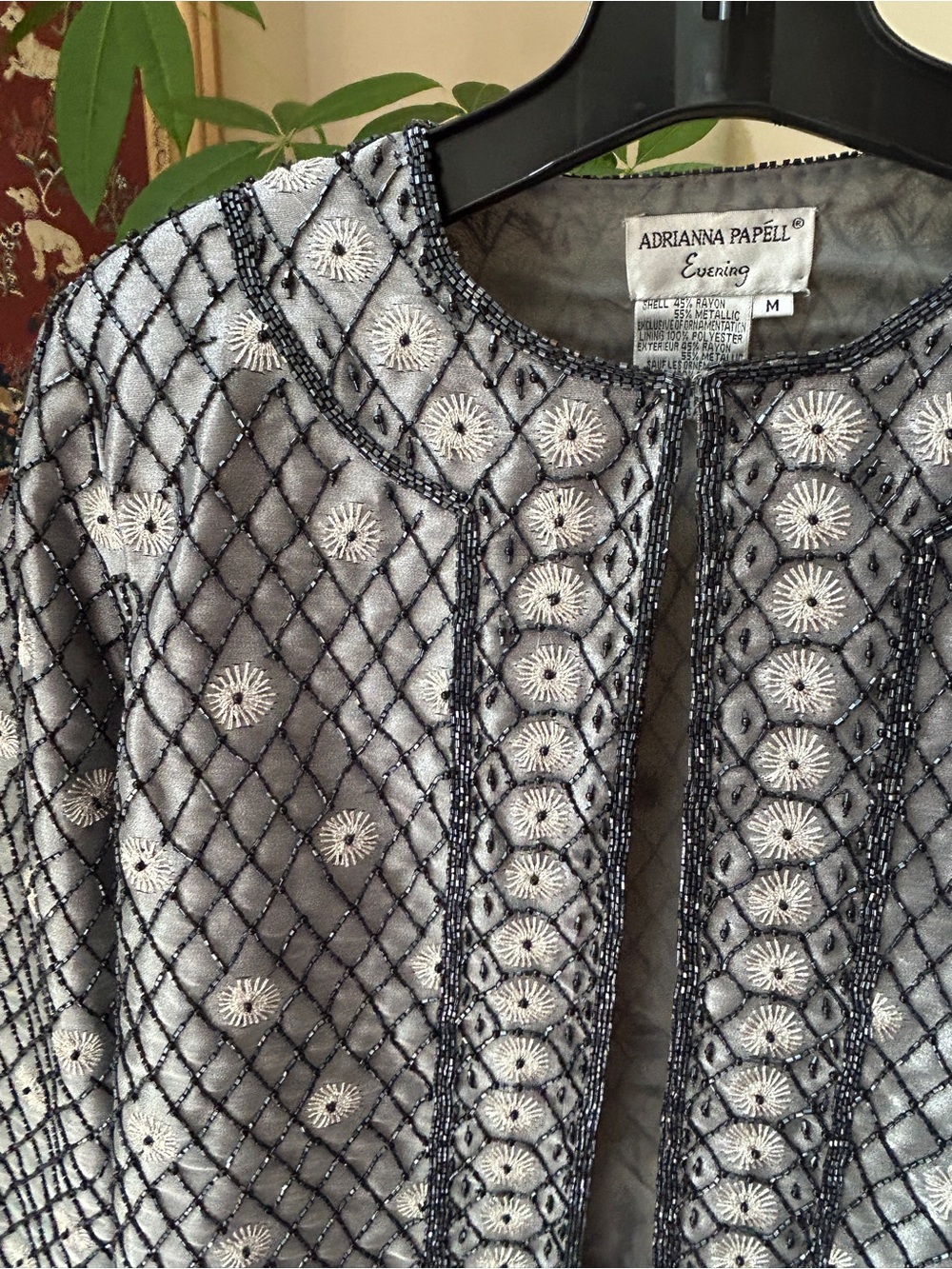 NWT Vintage Adrianna Papell silver & black beaded jacket with embroidery Sz M